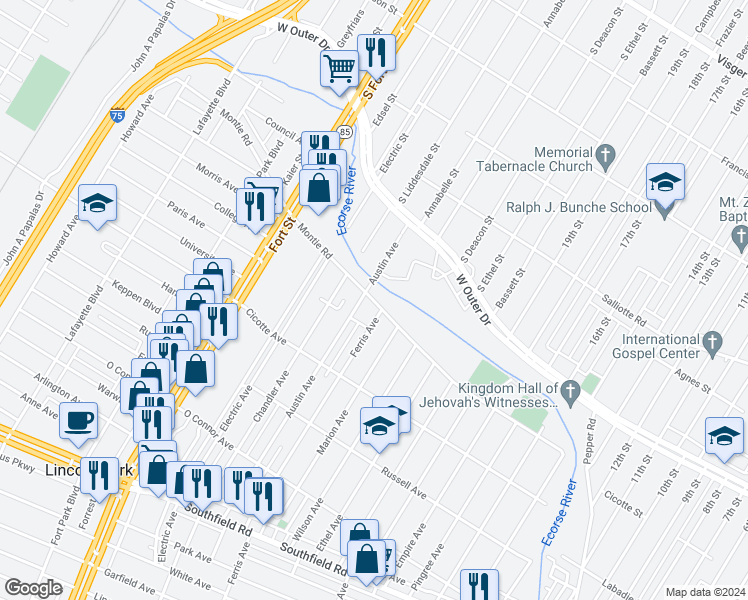 map of restaurants, bars, coffee shops, grocery stores, and more near 1028 Montie Road in Lincoln Park