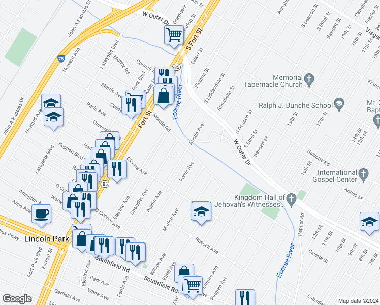 map of restaurants, bars, coffee shops, grocery stores, and more near 1028 Montie Road in Lincoln Park