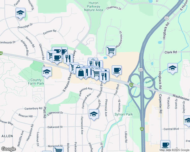 map of restaurants, bars, coffee shops, grocery stores, and more near 3365 Washtenaw Avenue in Ann Arbor
