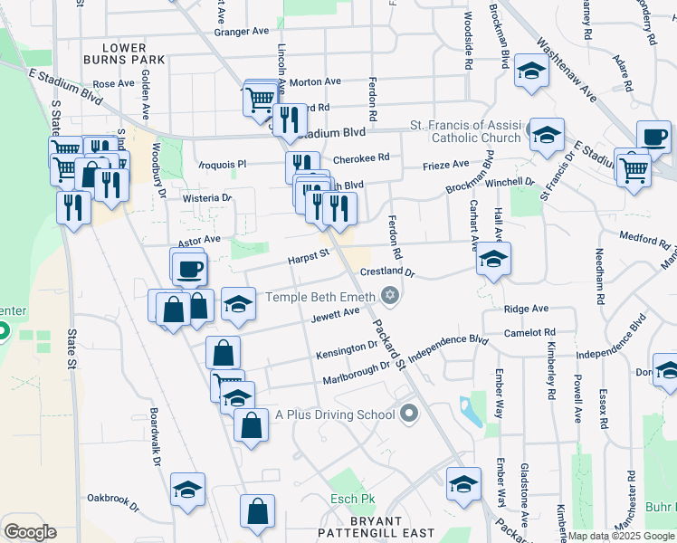 map of restaurants, bars, coffee shops, grocery stores, and more near 2108 Packard Street in Ann Arbor