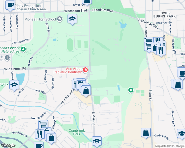 map of restaurants, bars, coffee shops, grocery stores, and more near 37 Valhalla Drive in Ann Arbor