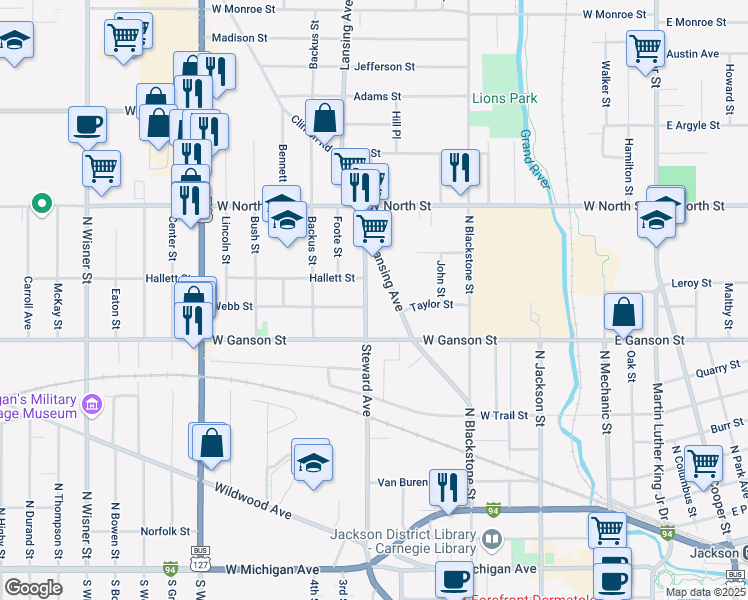 map of restaurants, bars, coffee shops, grocery stores, and more near 714 Lansing Avenue in Jackson