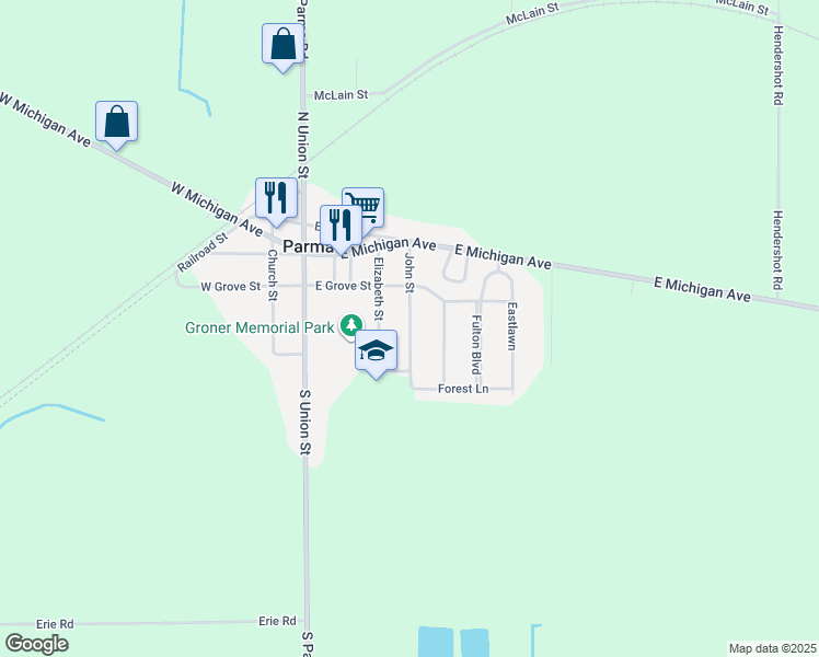 map of restaurants, bars, coffee shops, grocery stores, and more near 219 John Street in Parma
