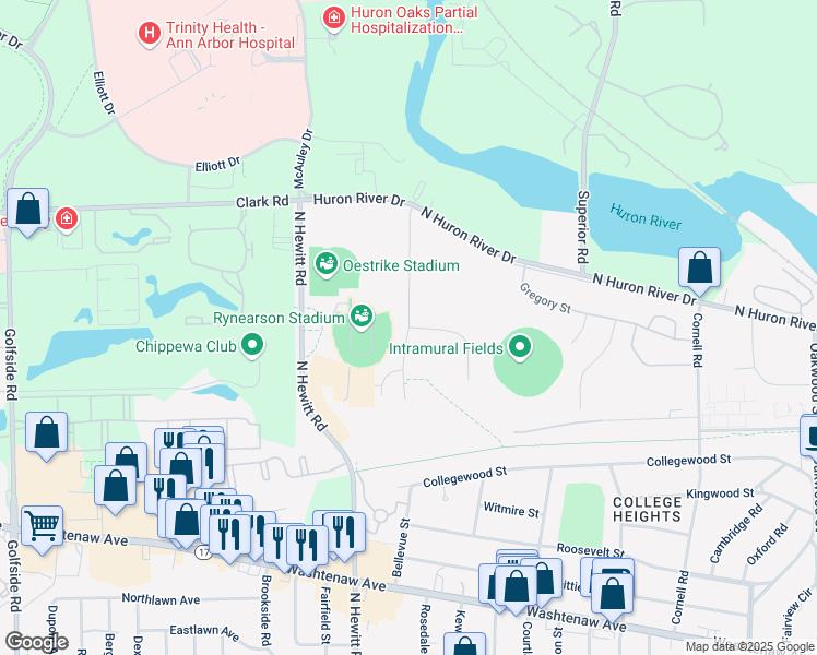 map of restaurants, bars, coffee shops, grocery stores, and more near 1094 Westview Street in Ypsilanti
