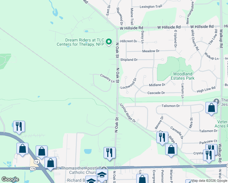 map of restaurants, bars, coffee shops, grocery stores, and more near 520 Stony Hill Lane in Crystal Lake