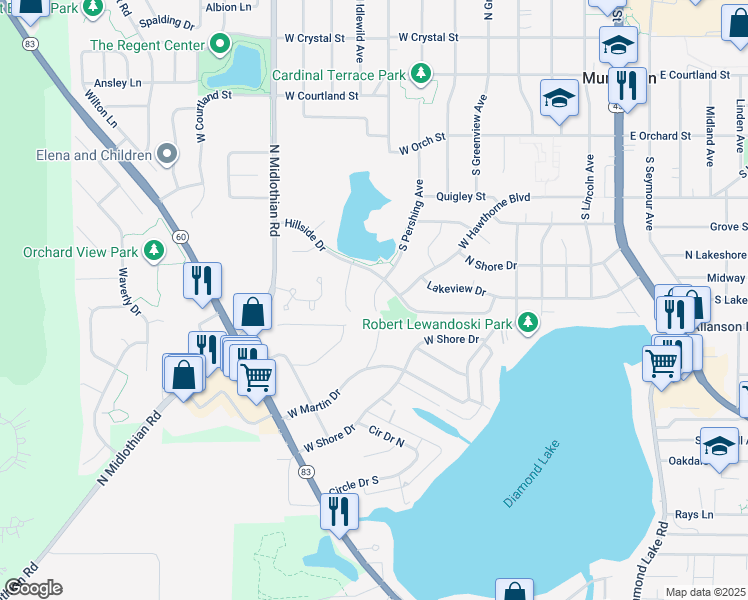 map of restaurants, bars, coffee shops, grocery stores, and more near 595 Pershing Court in Mundelein