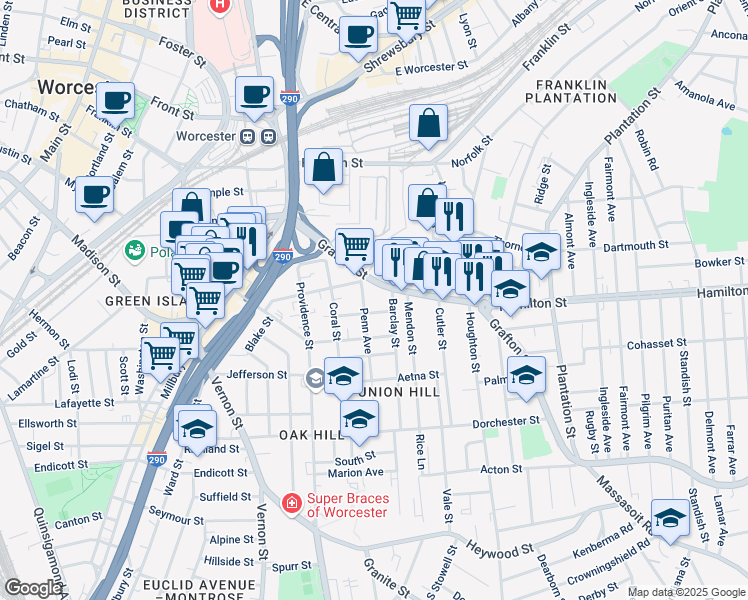 map of restaurants, bars, coffee shops, grocery stores, and more near 78 Waverly Street in Worcester