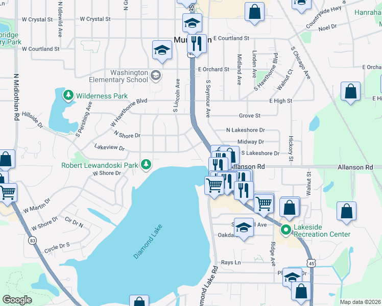 map of restaurants, bars, coffee shops, grocery stores, and more near 425 Lake Terrace in Mundelein