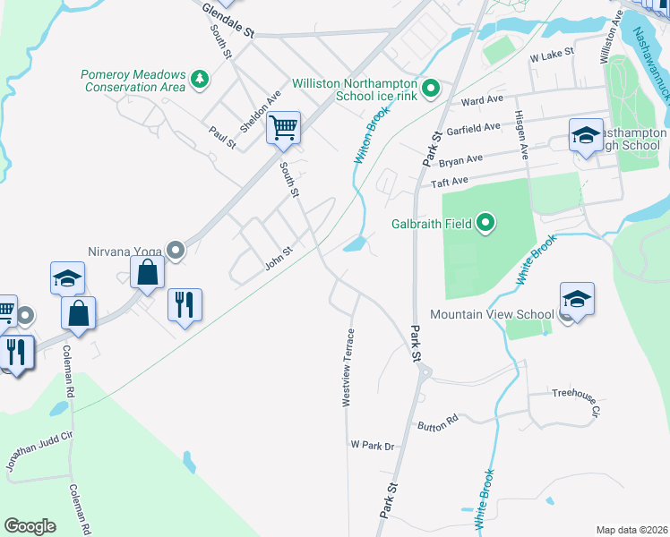 map of restaurants, bars, coffee shops, grocery stores, and more near 33 South Street in Easthampton