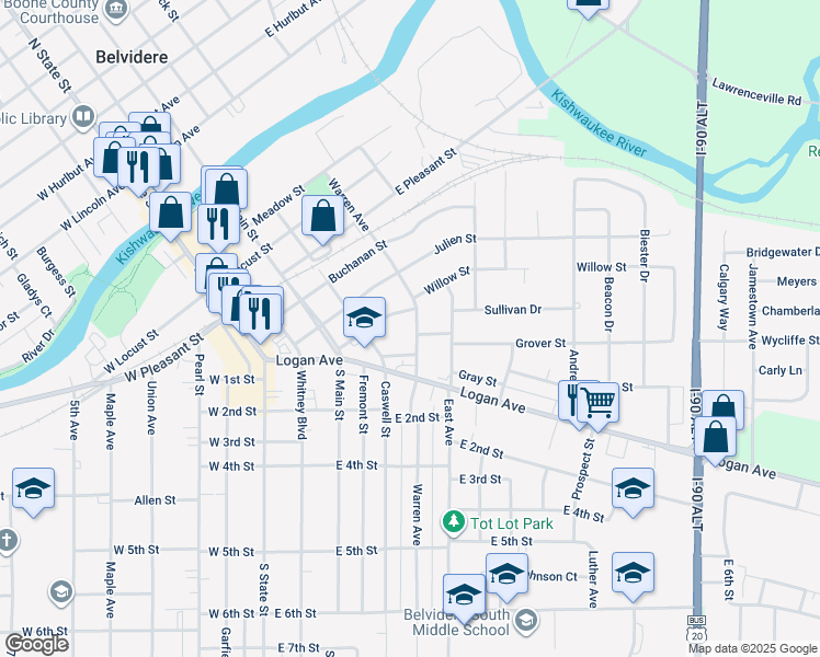 map of restaurants, bars, coffee shops, grocery stores, and more near 551 Warren Avenue in Belvidere
