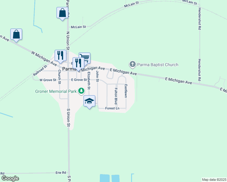map of restaurants, bars, coffee shops, grocery stores, and more near 529 East Grove Street in Parma
