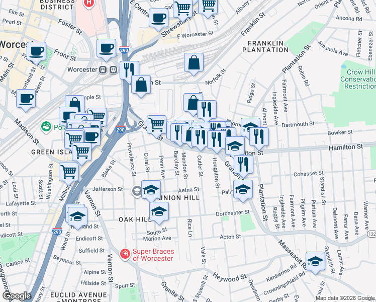 map of restaurants, bars, coffee shops, grocery stores, and more near 276 Grafton Street in Worcester