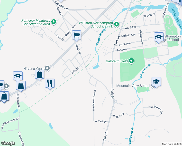 map of restaurants, bars, coffee shops, grocery stores, and more near 33 South Street in Easthampton