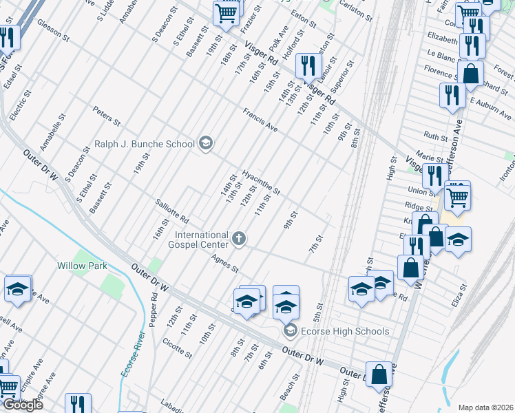 map of restaurants, bars, coffee shops, grocery stores, and more near 3967 12th Street in Ecorse