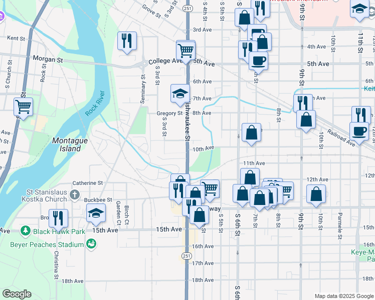 map of restaurants, bars, coffee shops, grocery stores, and more near Kishwaukee Street & 10th Avenue in Rockford