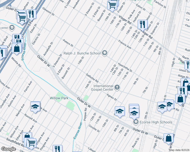 map of restaurants, bars, coffee shops, grocery stores, and more near 4008 16th Street in Ecorse
