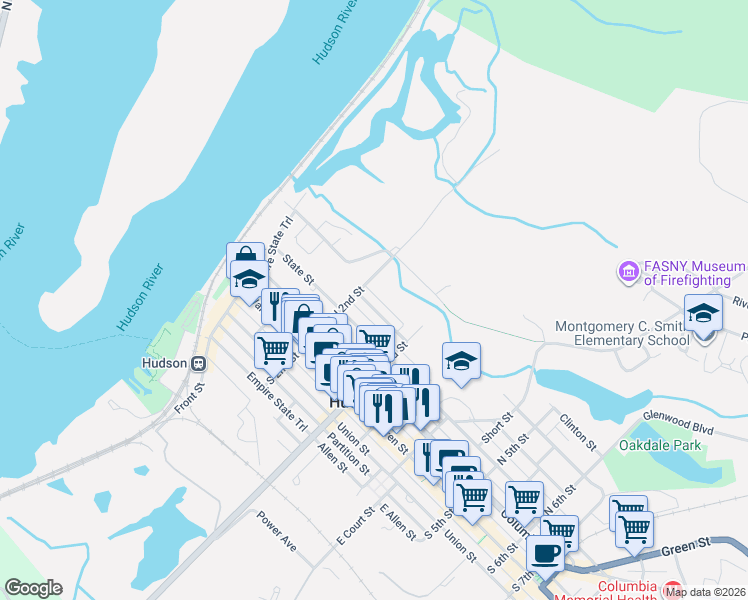 map of restaurants, bars, coffee shops, grocery stores, and more near 216 Strawberry Alley in Hudson