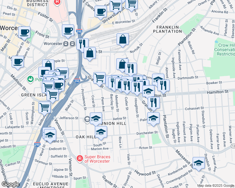 map of restaurants, bars, coffee shops, grocery stores, and more near 270 Grafton Street in Worcester