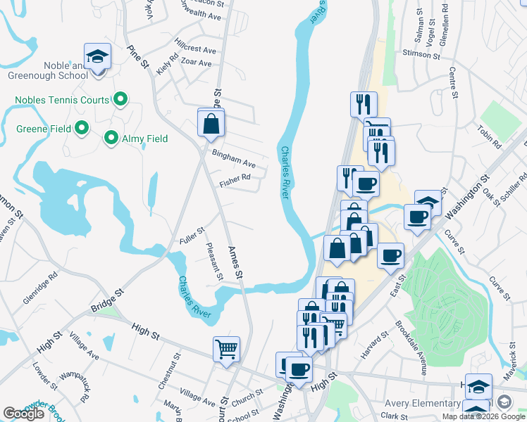 map of restaurants, bars, coffee shops, grocery stores, and more near 14 Shaw Lane in Dedham