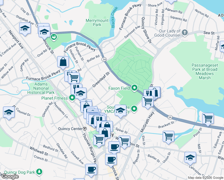 map of restaurants, bars, coffee shops, grocery stores, and more near 122R Russell Park in Quincy