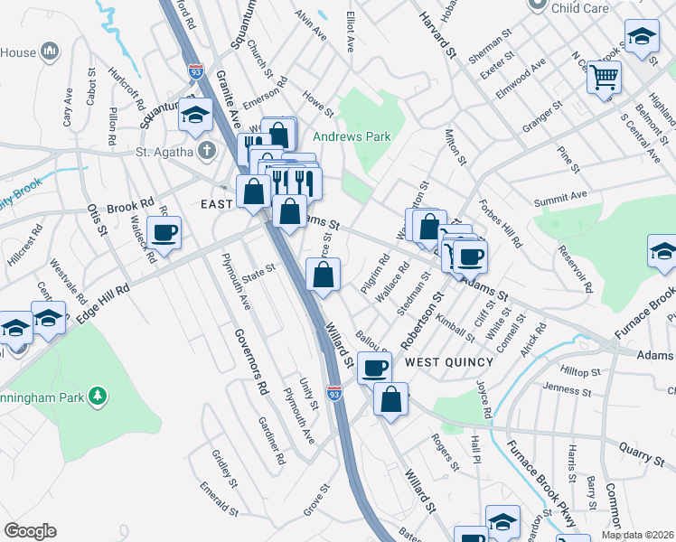 map of restaurants, bars, coffee shops, grocery stores, and more near 38 Pierce Street in Milton