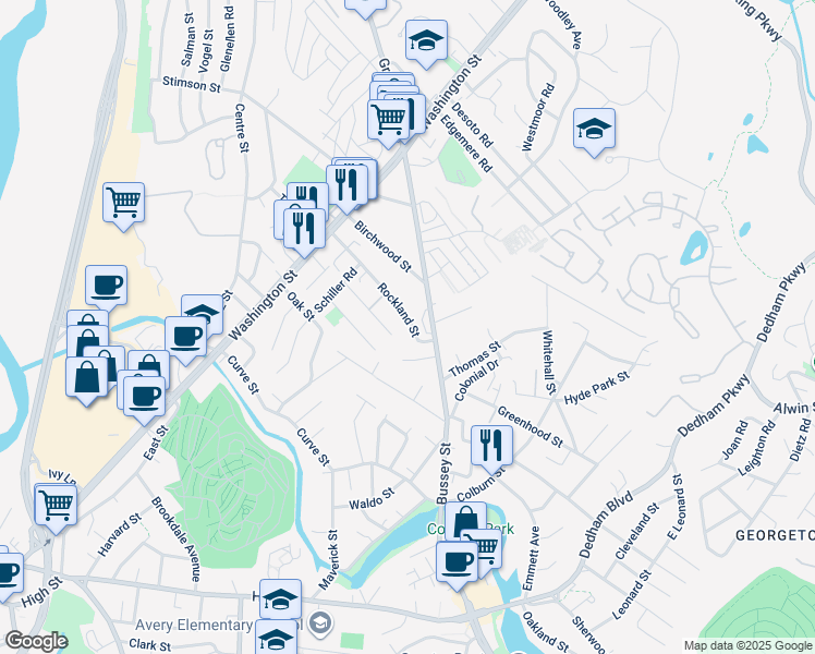 map of restaurants, bars, coffee shops, grocery stores, and more near 92 Rockland Street in Boston