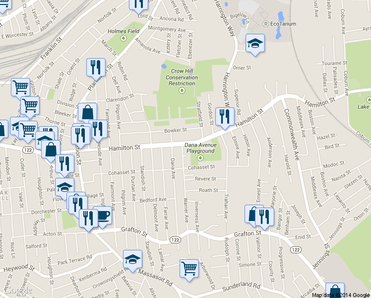 map of restaurants, bars, coffee shops, grocery stores, and more near in Worcester