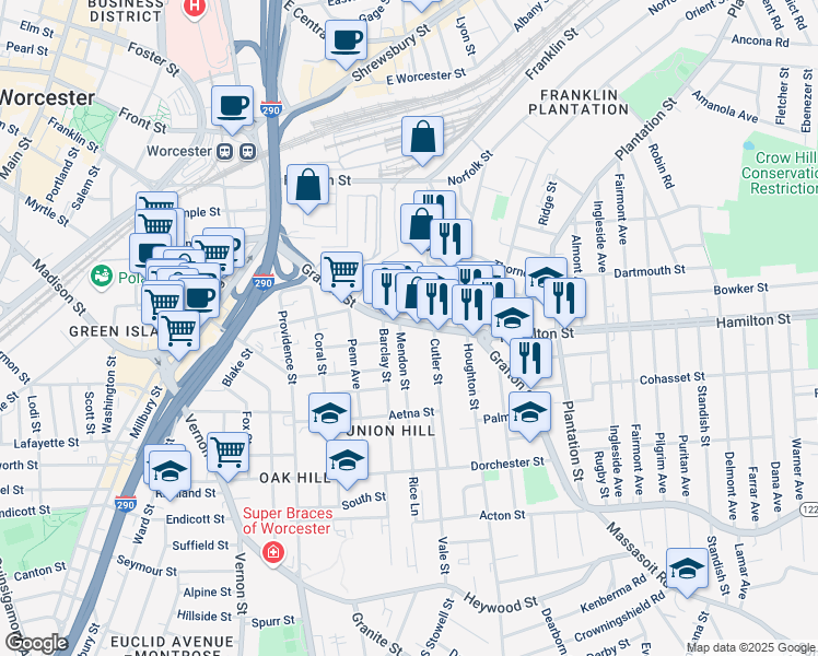 map of restaurants, bars, coffee shops, grocery stores, and more near 267 Grafton Street in Worcester