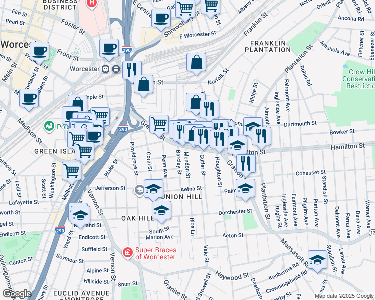 map of restaurants, bars, coffee shops, grocery stores, and more near 267 Grafton Street in Worcester