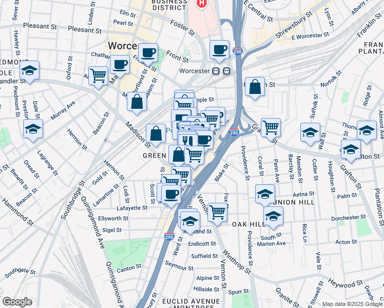 map of restaurants, bars, coffee shops, grocery stores, and more near 138 Green Street in Worcester