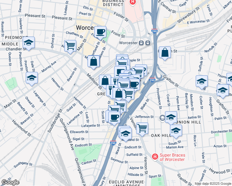 map of restaurants, bars, coffee shops, grocery stores, and more near 15 Ash Street in Worcester