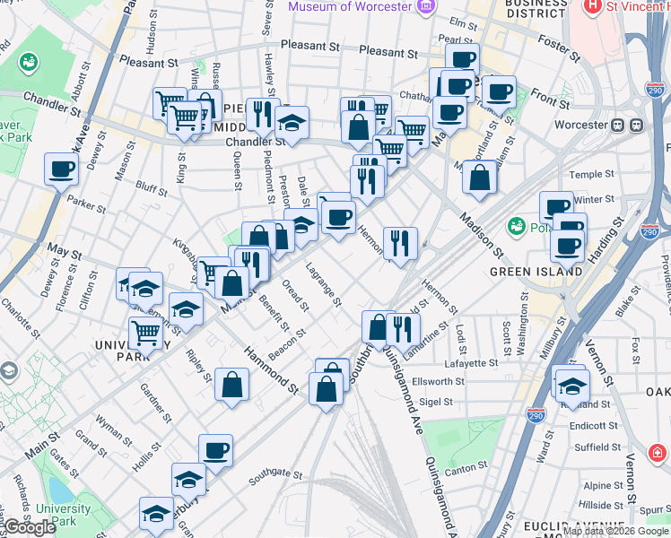 map of restaurants, bars, coffee shops, grocery stores, and more near 12 Jackson Street in Worcester