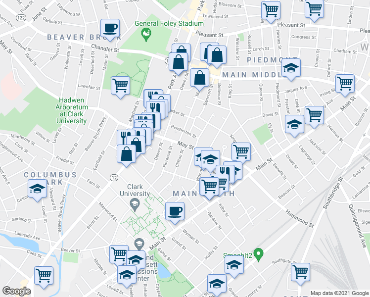 map of restaurants, bars, coffee shops, grocery stores, and more near 44 May Street in Worcester