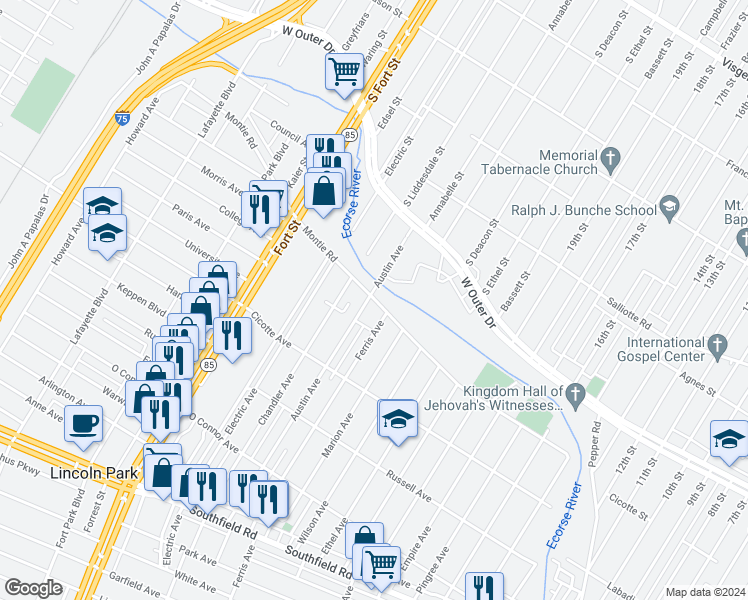 map of restaurants, bars, coffee shops, grocery stores, and more near 1028 Montie Road in Lincoln Park