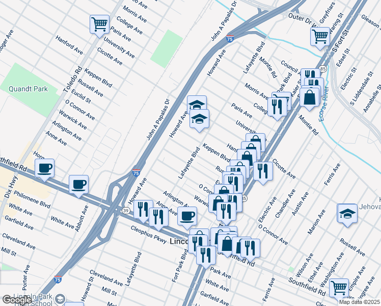 map of restaurants, bars, coffee shops, grocery stores, and more near 1462 Lafayette Boulevard in Lincoln Park