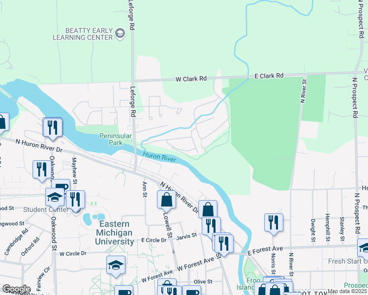 map of restaurants, bars, coffee shops, grocery stores, and more near 1281 Medford Drive in Ypsilanti