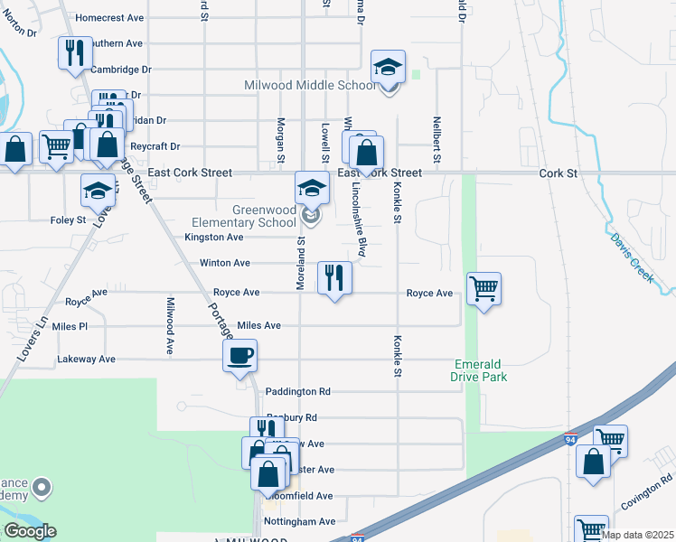 map of restaurants, bars, coffee shops, grocery stores, and more near 1815 Winton Avenue in Kalamazoo