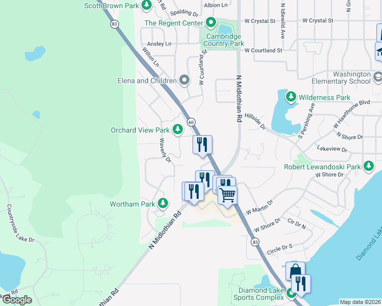 map of restaurants, bars, coffee shops, grocery stores, and more near 19929 Illinois 83 in Mundelein