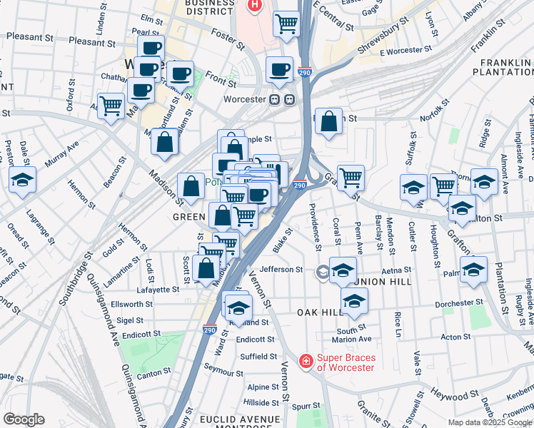 map of restaurants, bars, coffee shops, grocery stores, and more near 96 Massachusetts 122 in Worcester