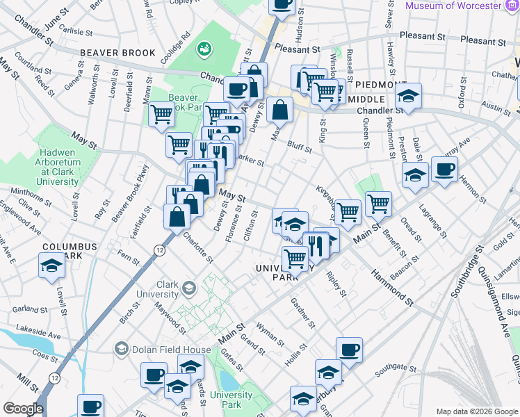map of restaurants, bars, coffee shops, grocery stores, and more near 44 May Street in Worcester