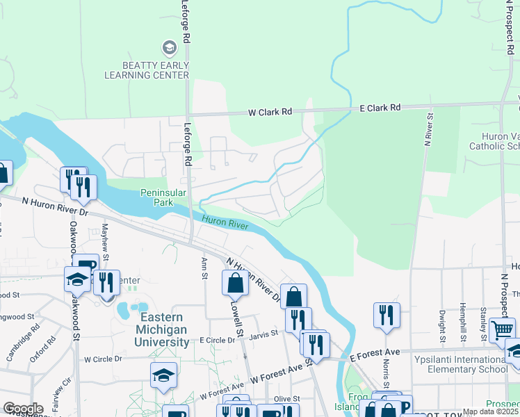 map of restaurants, bars, coffee shops, grocery stores, and more near 1281 Medford Drive in Ypsilanti