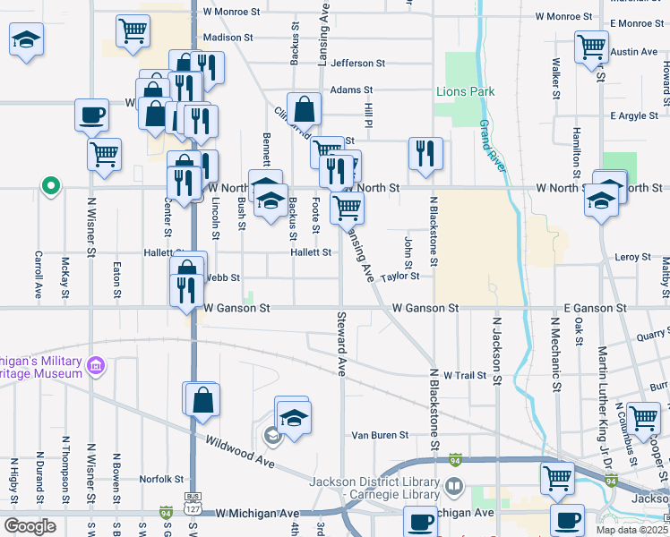 map of restaurants, bars, coffee shops, grocery stores, and more near 706 Steward Avenue in Jackson