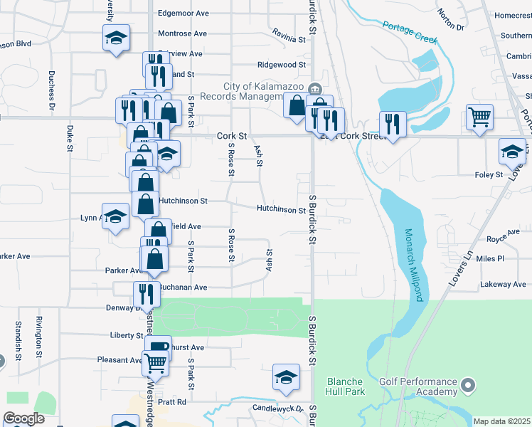 map of restaurants, bars, coffee shops, grocery stores, and more near 108 Hutchinson Street in Kalamazoo