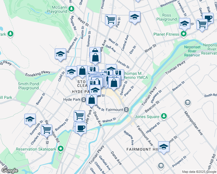 map of restaurants, bars, coffee shops, grocery stores, and more near 1201 River Street in Boston