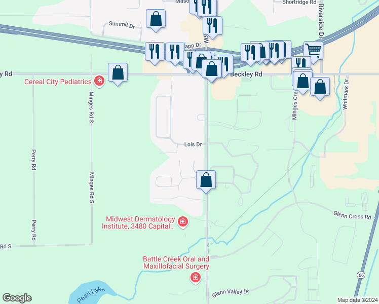 map of restaurants, bars, coffee shops, grocery stores, and more near 191 Lois Drive in Battle Creek