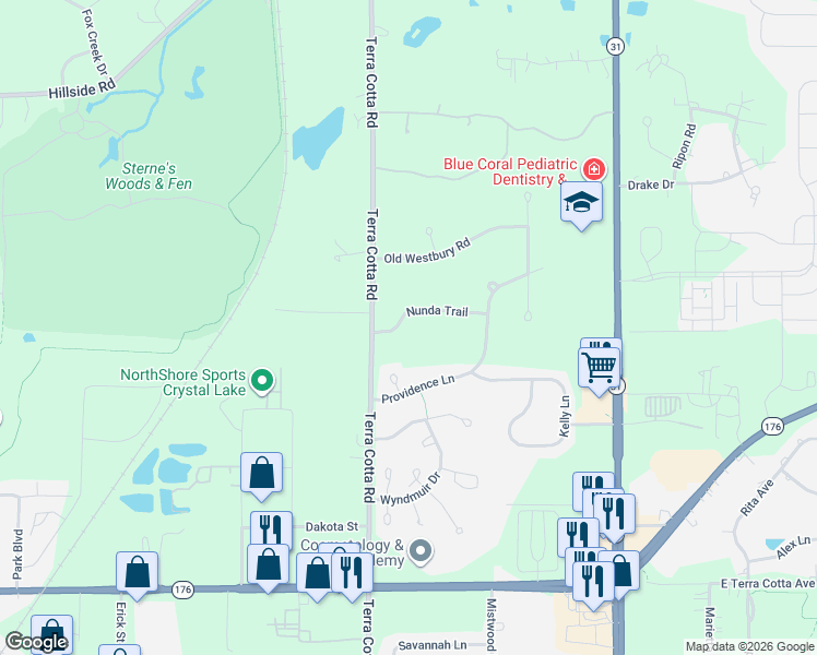 map of restaurants, bars, coffee shops, grocery stores, and more near 533 Nunda Trail in Crystal Lake