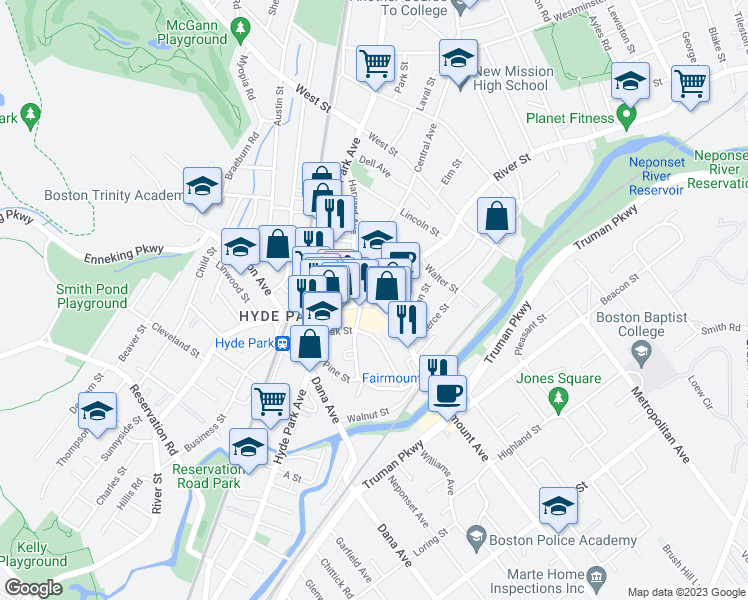map of restaurants, bars, coffee shops, grocery stores, and more near 1201 River Street in Boston