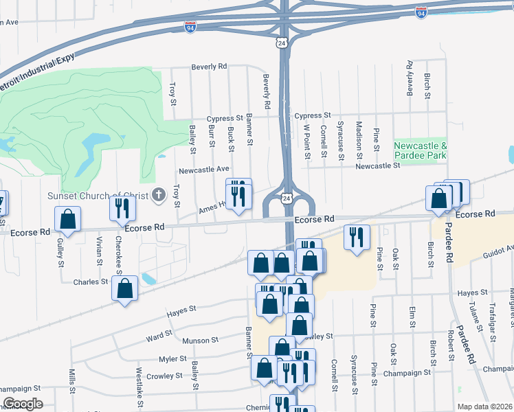 map of restaurants, bars, coffee shops, grocery stores, and more near 24159 Ames Highway in Taylor