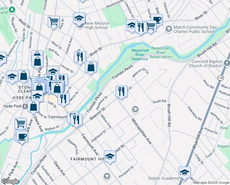 map of restaurants, bars, coffee shops, grocery stores, and more near 25 Vose Avenue in Boston