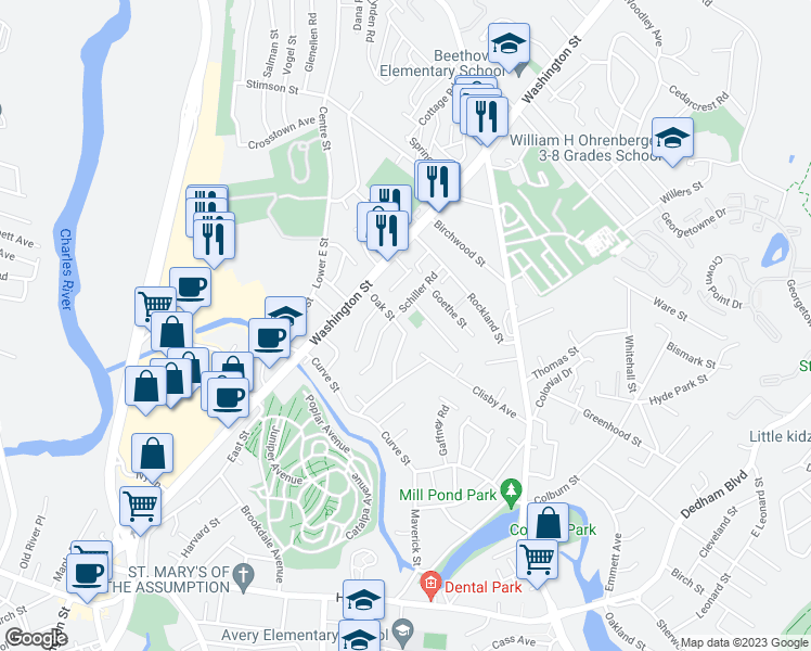 map of restaurants, bars, coffee shops, grocery stores, and more near 48 Oak Street in Dedham